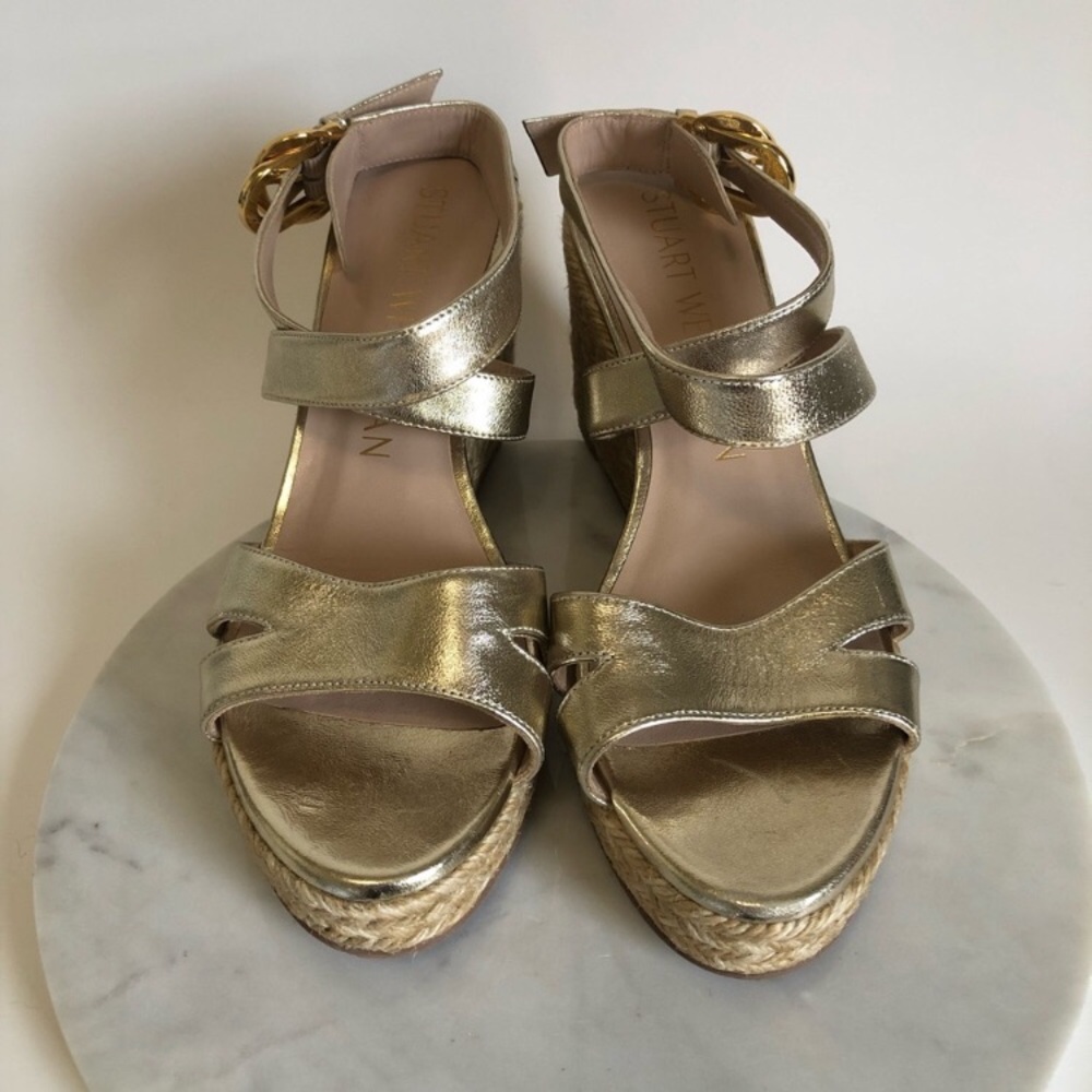 Stuart Weitzman Zuzu Metallic Gold Espadrille Platform Wedge Sandals Size 8 - Picture 2 of 16